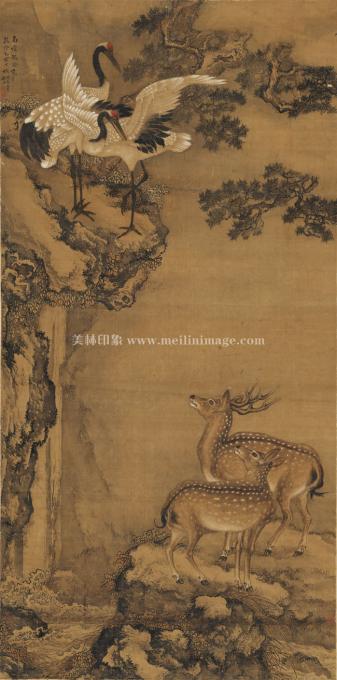 沈铨-鹤鹿长春-绢本-95.2X192cm