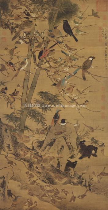 边文进-三友百禽图-绢本-78X151cm