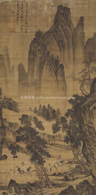 唐寅-松林扬鞭图-绢本-72X145cm