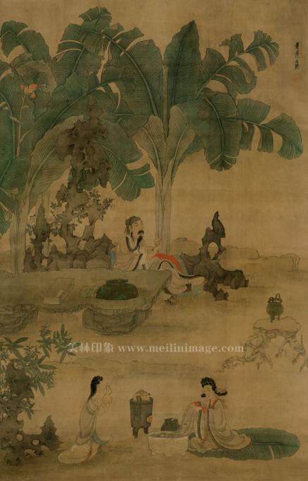 陈洪绶-蕉林酌酒图-绢本-97x151cm