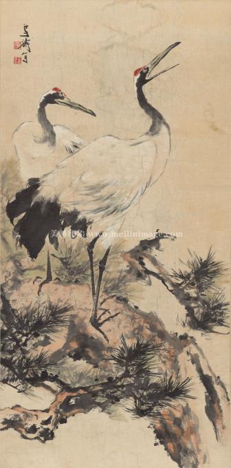 王雪涛-双鹤松-纸本-67X135.6cm