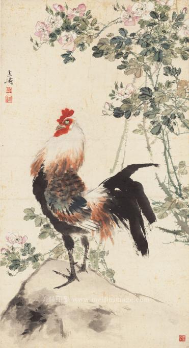 王雪涛-公鸡月季花-纸本-61.6X112.8cm