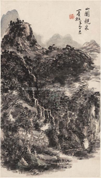 黄宾虹-山阁观泉图34x60cm