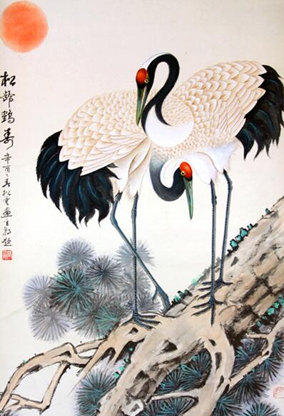 供应高仿松龄鹤寿，中国画字打印，工笔画印刷动物画，红日宣纸国画，年画复制丝绸卷轴画定做